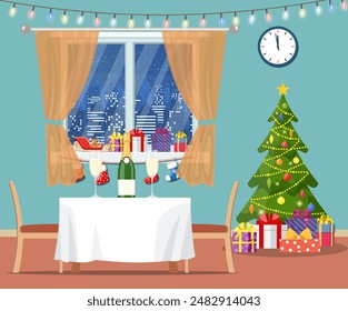 hristmas room interior. Christmas tree, table, gifts and decoration. Merry christmas holiday. New year and xmas celebration. Vector illustration flat style .