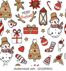  hristmas seamless pattern with trees, gift boxes, snowman, and other elements. Hand drawn vector illustration.