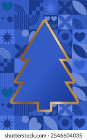 hristmas tree on a geometric background. Christmas blue card in Bauhaus style