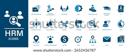 HRM icon. Containing recruitment, interview, CV, employee training, career development. Solid vector icons collection.