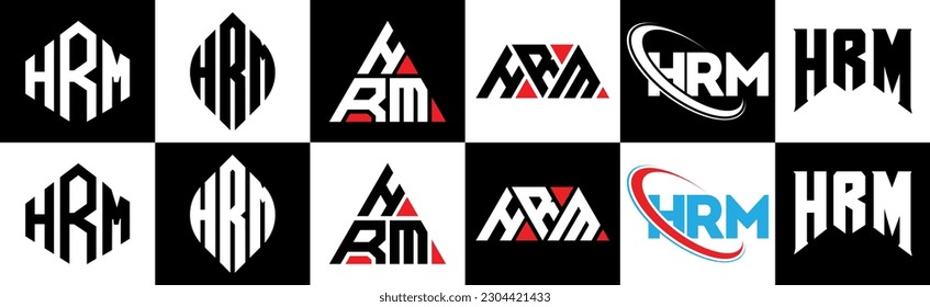 Das Logo-Design von HRM-Buchstaben im 6-Stil. HRM Polygon, Kreis, Dreieck, Hexagon, flacher und einfacher Stil mit schwarz-weißem Farbänderungslogo in einer Zeichenfläche. HRM minimalistisches und klassisches Logo