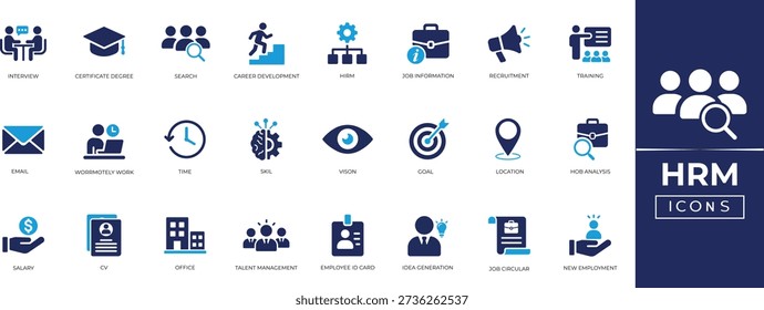 HRM solid icon set. Containing recruitment, interview, job, management, interview, CV, employee training, career development. Editable icon collection.