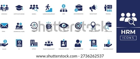 HRM solid icon set. Containing recruitment, interview, job, management, interview, CV, employee training, career development. Editable icon collection.