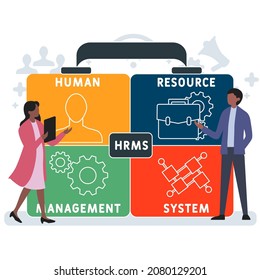 HRMS - Human Resource Management System acronym. business concept background.  vector illustration concept with keywords and icons. lettering illustration with icons for web banner, flyer, landing 