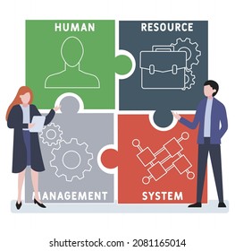 HRMS - Human Resource Management System acronym. business concept background.  vector illustration concept with keywords and icons. lettering illustration with icons for web banner, flyer, landing 