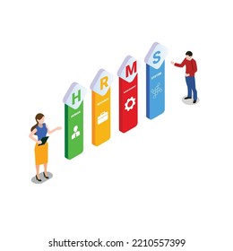 HRMS - Concepto de ilustración vectorial isométrica 3d del Sistema de Gestión de Recursos Humanos para banner, sitio web, página de inicio, anuncios, plantilla de volante