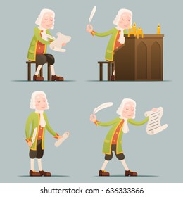 hronicler noble writer scribe playwright medieval aristocrat periwig pen music stand scroll candles mascot set icons cartoon design vector illustration