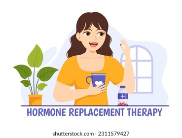 HRT or Hormone Replacement Therapy Acronym Vector Illustration with Treatment and Hormone Medication in Healthcare Cartoon Hand Drawn Templates