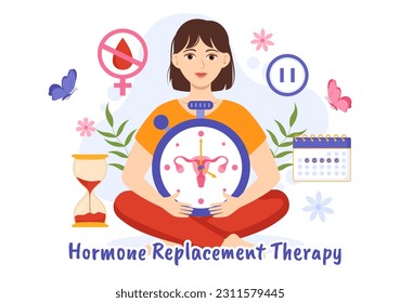 HRT or Hormone Replacement Therapy Acronym Vector Illustration with Treatment and Hormone Medication in Healthcare Cartoon Hand Drawn Templates