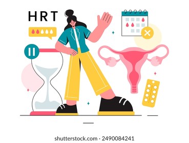 HRT or Hormone Replacement Therapy Acronym Vector Illustration with Treatment and Hormone Medication in a Healthcare Flat Cartoon Background