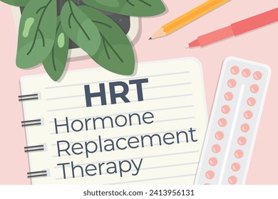 Terapia de reemplazo de hormona HRT escrita en cuaderno de espiral, composición de levas planas- ilustración vectorial