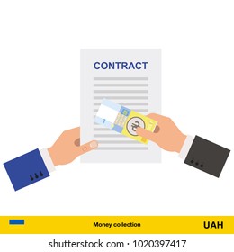 hryvnia banknote. Contract concept vector illustration.