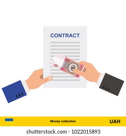 hryvnia banknote. Contract concept vector illustration.
