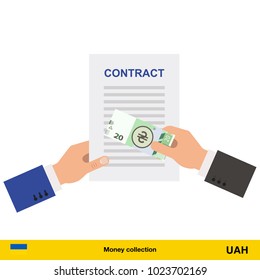 hryvnia banknote. Contract concept vector illustration.