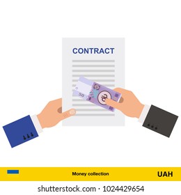 hryvnia banknote. Contract concept vector illustration.