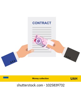 hryvnia banknote. Contract concept vector illustration.