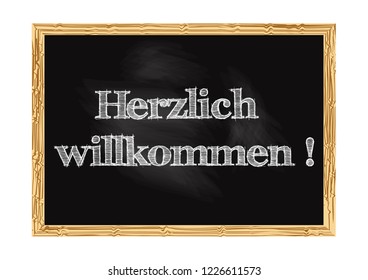 Hrzlich willkommen - Welcome in German blackboard notice Vector illustration