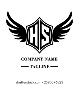 HS bold shield logo with wings, customizable with letters A to Z. Perfect for brands seeking a powerful symbol of strength, freedom, and ambition