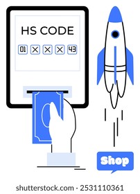 Código HS em uma tela, um cartão de pagamento sendo inserido, e um lançamento de foguete. Bolha de fala da Blue Shop no canto. Ideal para comércio eletrônico, transporte, logística, compras on-line e tecnologia. Limpo