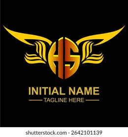HS Golden Wing Emblem Logo with elegant gold wings, sleek and modern design. Ideal for branding, creative projects, luxury businesses, or artistic ventures.
