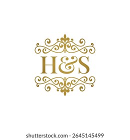 HS initials logo ornament gold. Letter HS wedding ampersand or business partner symbol