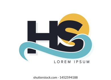 HS letter logo with ocean waves and sunset. Beach concept design