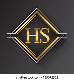 HS Letter logo in a square shape gold and silver colored geometric ornaments. Vector design template elements for your business or company identity.