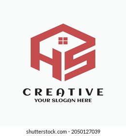 HS logo hexagon symbol. Creative real estate building. House design
