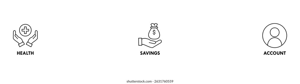 Ilustração vetorial de ícone da Web de banner da HSA para a conta de economia de saúde com ícone de saúde, crescimento, id card e contabilidade