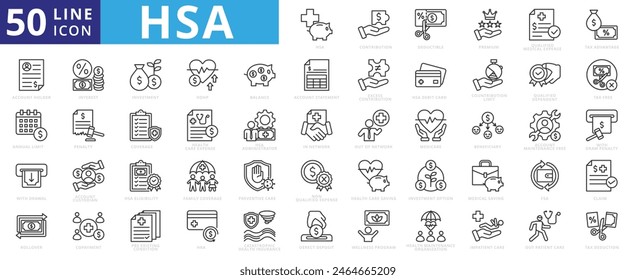 HSA icon set with contribution, deductible, premium, qualified medical expense, tax advantage, account holder and annual limit.