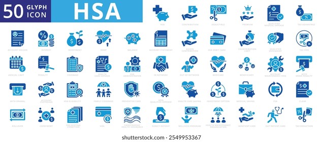 Conjunto de iconos de HSA con salud, ahorro, Cuenta, seguro, inversión, aportación, deducible, prima, gastos médicos calificados, cobertura familiar, ventaja fiscal, titular de la Cuenta y límite anual.