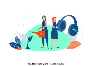 HSE, care concept. Young women or girls are standing and holding big headphones and watering can with hse acronym or abbreviation. Environmental care, ecology, health safety illustration. Flat vector