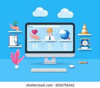 HSE concept. Computer with Health, Safety, Environment icons on screen. Web vector illustration in 3D style