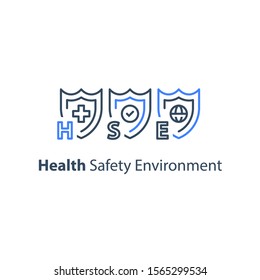 HSE Concept, Health Safety Environment, Occupational Safety And Health Administration, Medical Insurance, Three Shields, Vector Line Icon Set