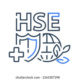 HSE concept, health safety environment, shield and cross, globe and leaf, vector line icon
