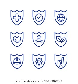 HSE Concept, Occupational Safety And Health Administration, Production Factory And Environment, Medical Insurance, Labor Preventive Instructions, Worker Protection, Vector Line Icon Set