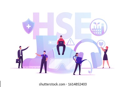 HSE Concept. Tiny Male and Female Characters and Attributes for Working. Environmental Protection and Health Safety Environment at Work Poster Banner Flyer Brochure. Cartoon Flat Vector Illustration