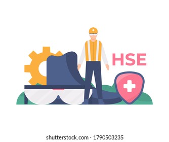 HSE concept, work safety, personal protection. illustration of a worker wearing safety equipment, such as glasses, helmet, clothes or vests, and shoes. flat design. can be used for landing pages