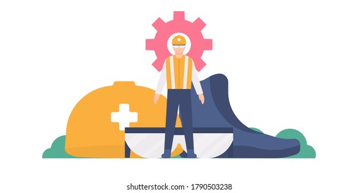 HSE concept, work safety, personal protection. illustration of a worker wearing safety equipment, such as glasses, helmet, clothes or vests, and shoes. flat design. can be used for landing pages