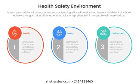 hse framework infographic 3 point stage template with big circle symmetric and small circle badge on horizontal direction for slide presentation