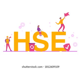 HSE - health safety environmen big letters.Concept icon  isolated on white background.The guy is waving the flag. Girl with laptop. Worker in a helmet and a vest,megaphone.Little people.