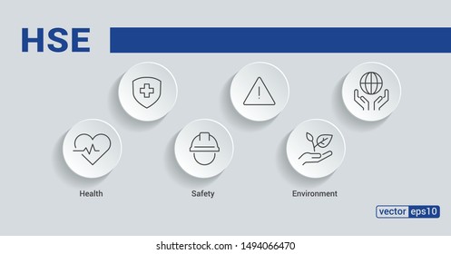 HSE. Health Safety Environment acronym. Vector Illustration concept banner with icons and keywords.