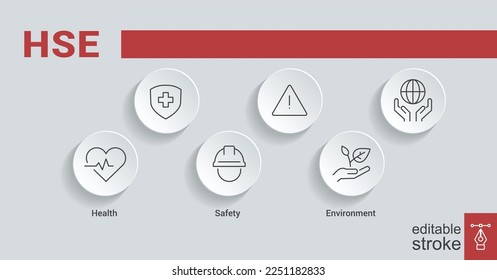 HSE. Health Safety Environment acronym. Vector Illustration concept banner with icons and keywords. Editable stroke EPS 10.