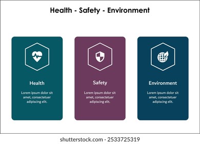 HSE - Acrónimo de Salud, Seguridad, Medio Ambiente. Plantilla de infografía con iconos y marcador de posición de descripción