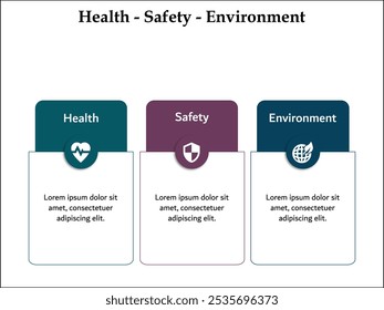 HSE - Acrónimo de Salud, Seguridad, Medio Ambiente. Plantilla de infografía con iconos y marcador de posición de descripción