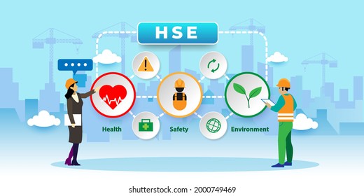 HSE. Health Safety Environment, Environmental Protection and Health Safety Concept With icons. Cartoon Vector People Illustration