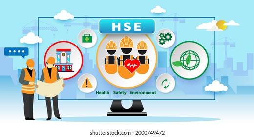 HSE. Health Safety Environment, Environmental Protection and Health Safety Concept With icons. Cartoon Vector People Illustration