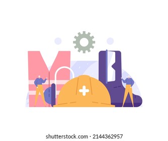 HSE or Health, Safety, and Environment. an industrial worker and personal protective equipment. goggles, helmet, vest, earmuff, and shoes. flat cartoon illustration. vector concept design