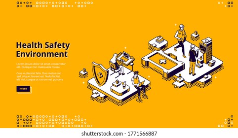 Hse, Health Safety Environment Isometric Landing Page. Business People Characters Working In Office. Healthcare Environmental Protection And Safe Work Conditions Concept, 3d Vector Line Art Web Banner