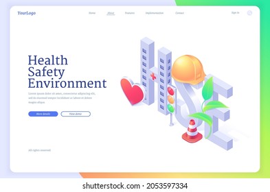 Hse, health safety environment isometric landing page. Working security concept with helmet, heart, cone and sprout. Healthcare environmental protection and safe work conditions, 3d Vector web banner